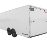 Formula Trailers | Trailer Models | Traverse Car Hauler Trailer | Gallery Image | Good Model image of back left of a white trailer with a rear fold down door | Image 4