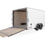Formula Trailers | Trailer Models | Traverse Car Hauler Trailer | Gallery Image | Good Model image of back right of trailer with rear fold down door folded down and a ramp door door extended out | Image 5